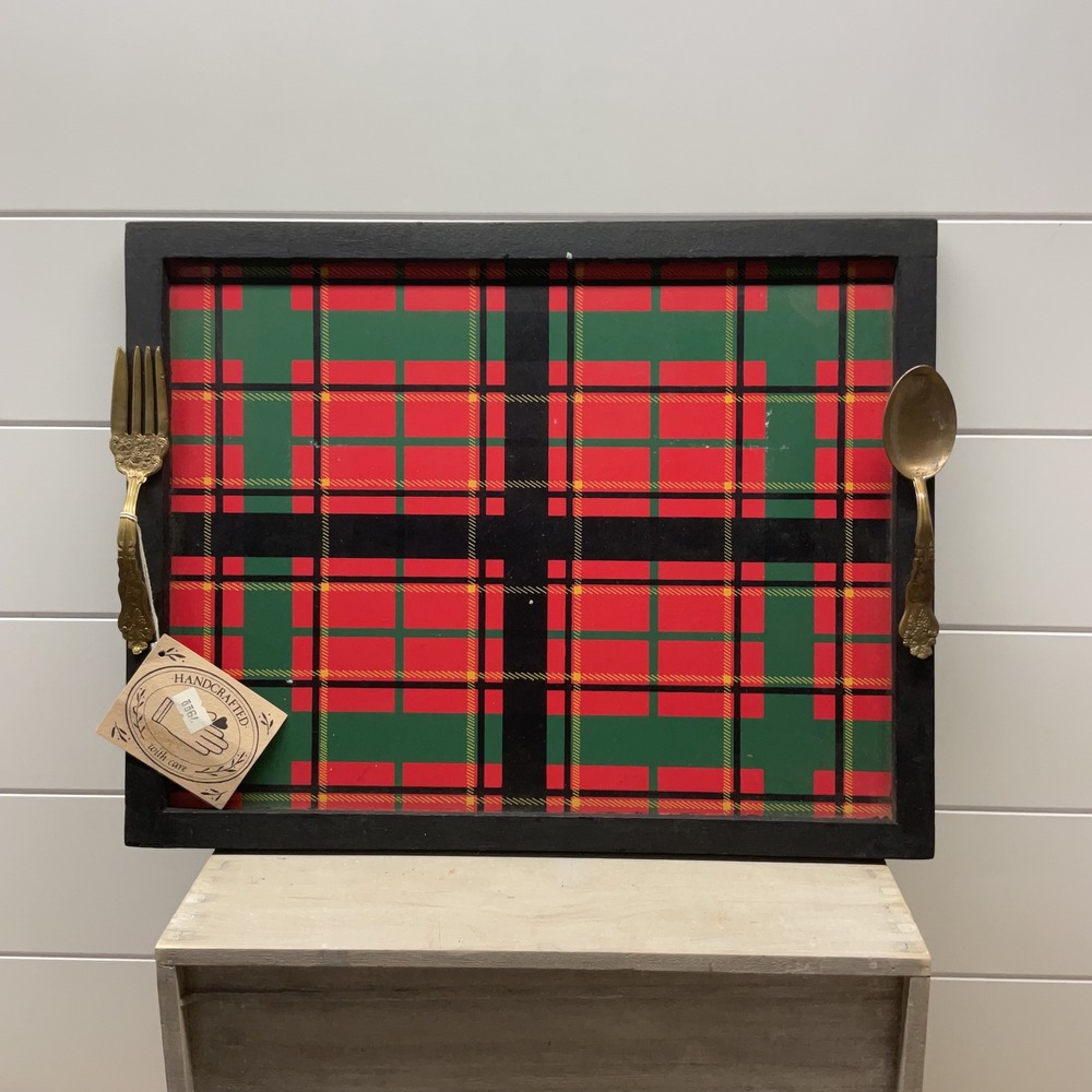 Midwest of Cannon Falls Plaid Serving Tray Fork Spoon Handles Red Green 16x12